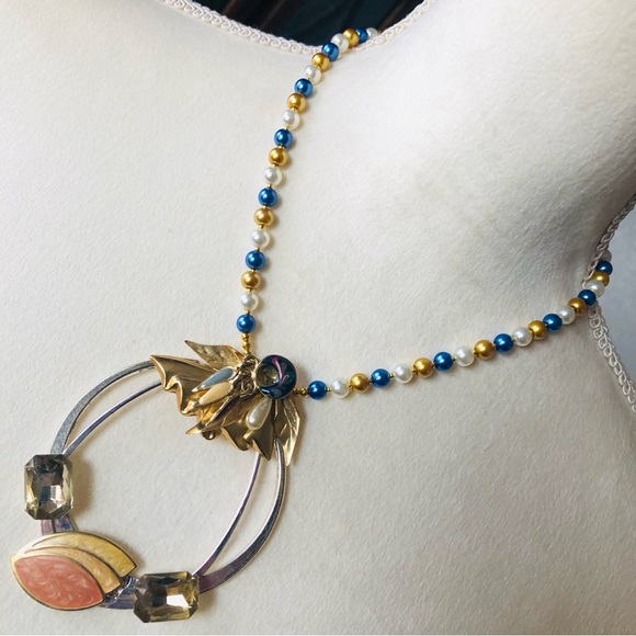 Handcrafted repurpose large bold stone pendant Czech glass Pearl necklace